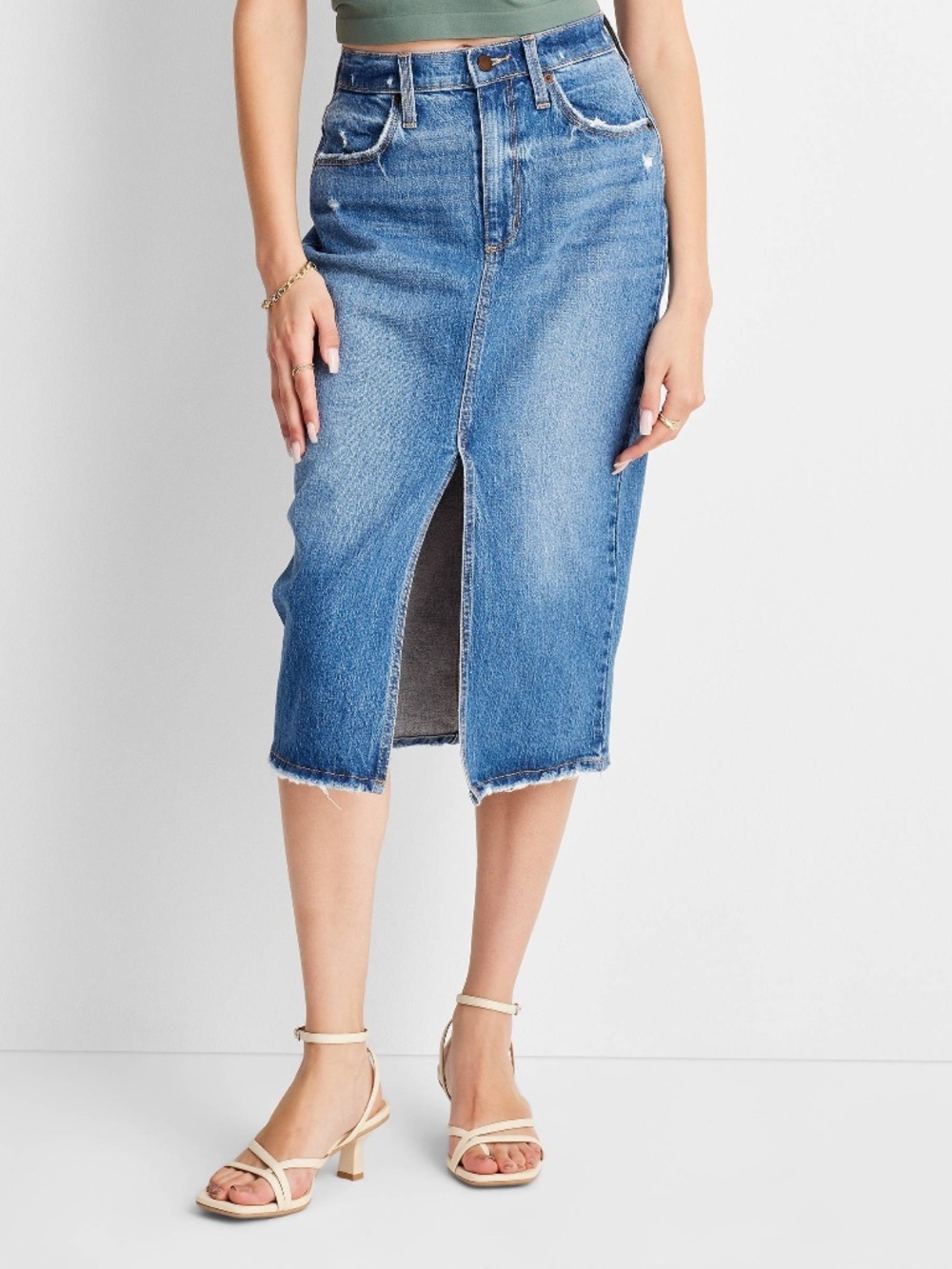 High-Rise Denim Midi Skirt - Medium Wash 16
